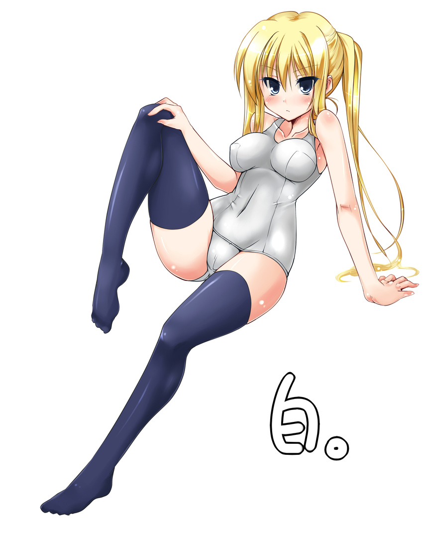 absurdres bad_id bad_pixiv_id blonde_hair cameltoe feet green_eyes highres legs long_hair one-piece_swimsuit original paopao school_swimsuit shiny solo swimsuit thighhighs white_school_swimsuit white_swimsuit