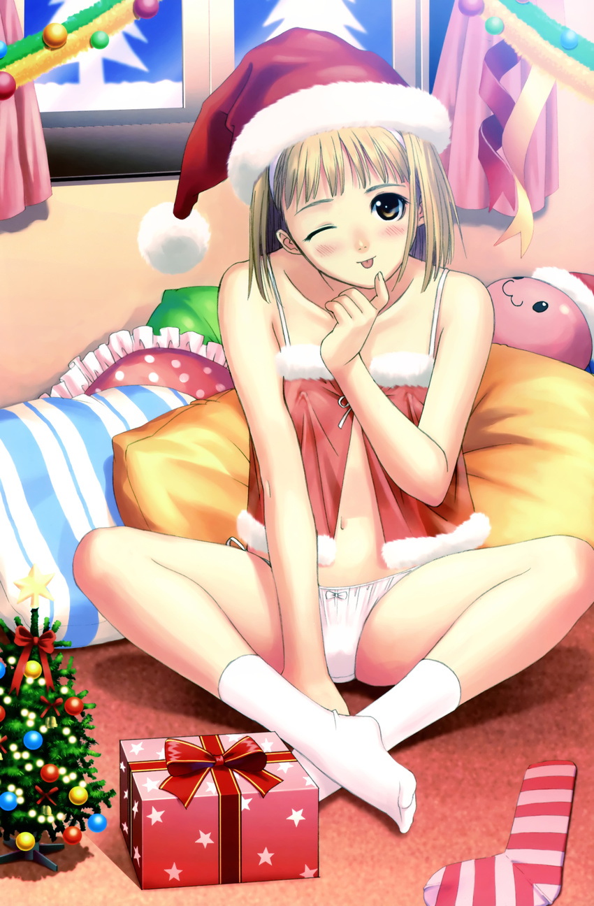 absurdres after blonde_hair christmas christmas_tree frilled_pillow frills gift hat highres legs long_legs navel one_eye_closed panties pillow santa_costume santa_hat short_hair socks solo takawashi_nagisa tanaka_takayuki underwear white_legwear white_panties