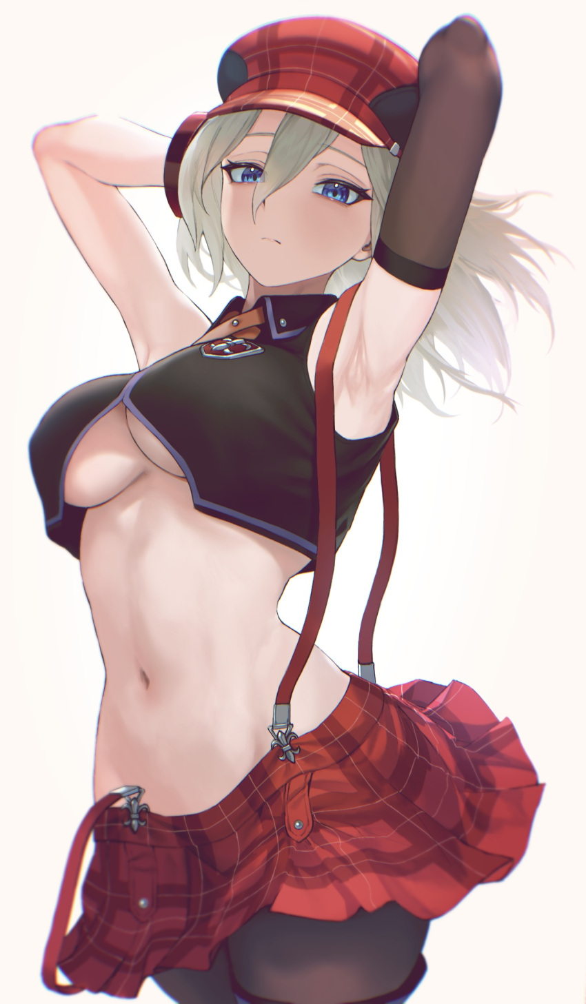 1girl alisa_ilinichina_amiella armpits arms_behind_head blue_eyes blush breasts cabbie_hat elbow_gloves gloves god_eater grey_hair hat highres kazane-wind large_breasts long_hair looking_at_viewer navel pantyhose plaid skirt solo suspender_skirt suspenders underboob white_background