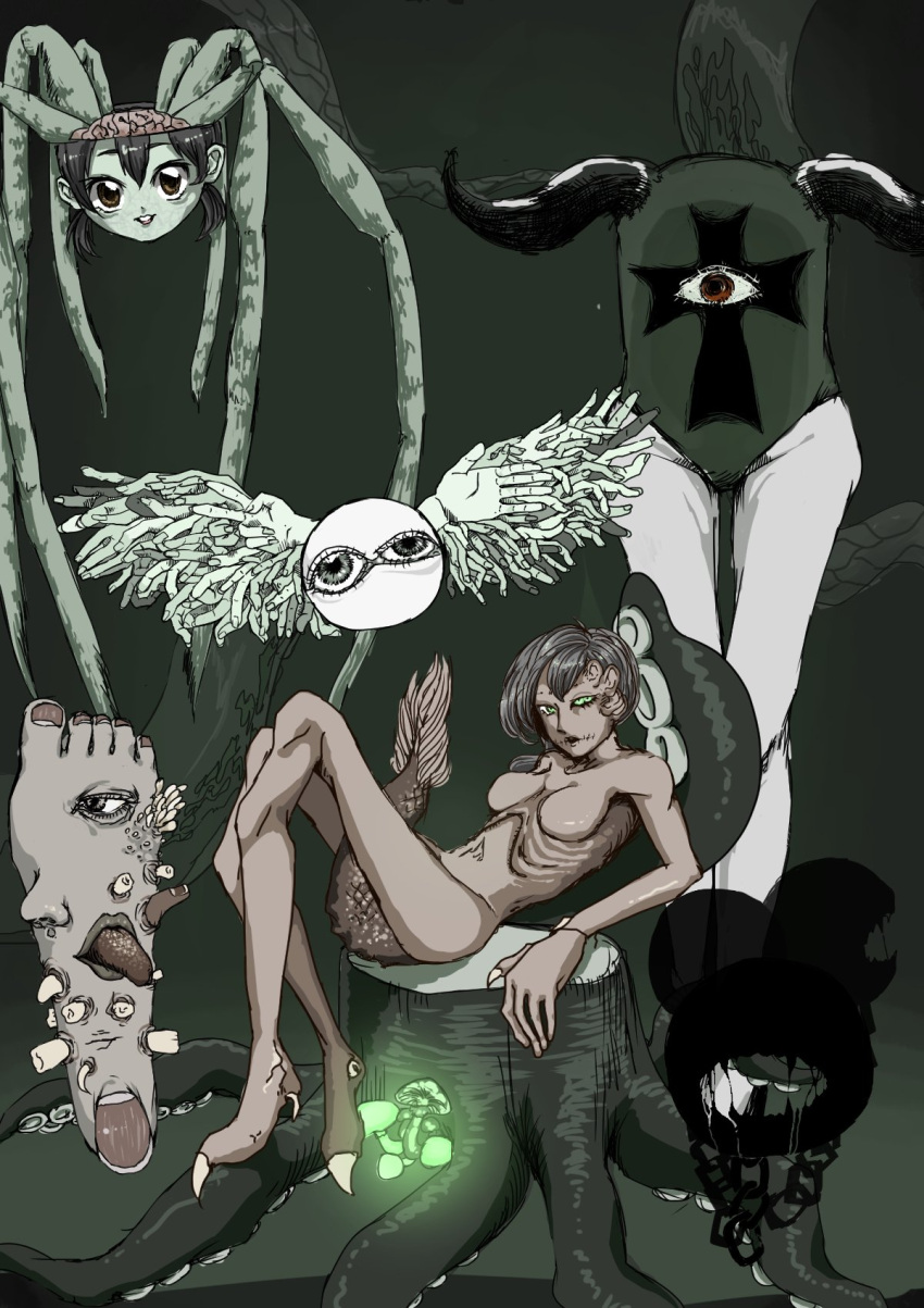 #b7282e bangs barefoot black_hair black_horns body_horror brain breasts breasts_apart brown_eyes chain claws colored_skin commentary_request completely_nude cross extra_ears extra_eyes feet fish_tail full_body glowing green_background green_eyes green_skin grey_eyes highres horns latin_cross leaning_back legs looking_at_viewer medium_breasts medium_hair monster_girl mushroom navel no_nipples nude one-eyed open_mouth original parted_lips red_eyes ribs scar scar_on_face short_hair sitting stitches suction_cups tail teeth tentacles thighs toenails toes tongue tongue_out tree_stump twintails v