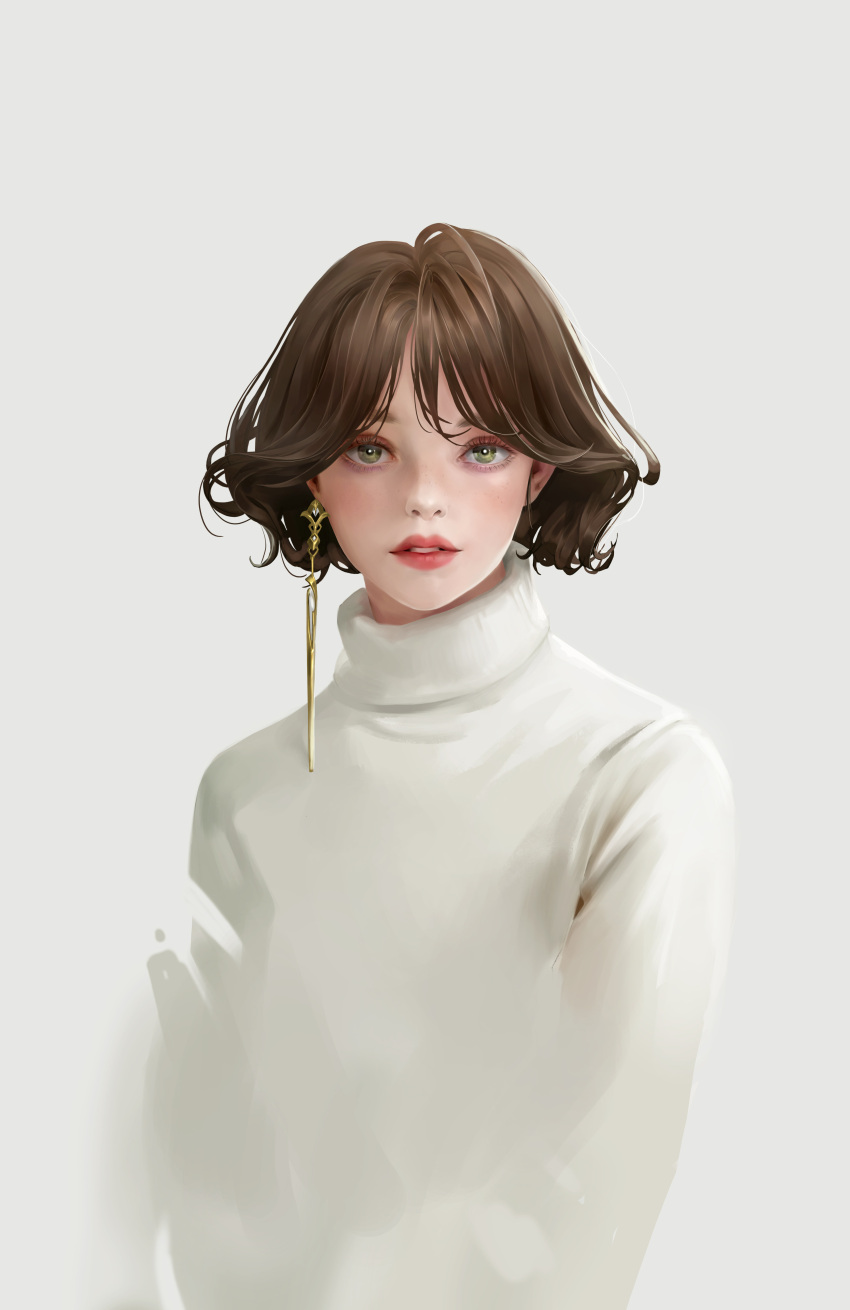 1girl absurdres bangs blush brown_hair commentary earrings english_commentary green_eyes highres jewelry lipstick lizchief looking_at_viewer makeup original parted_lips realistic short_hair simple_background solo sweater turtleneck turtleneck_sweater upper_body white_background white_sweater