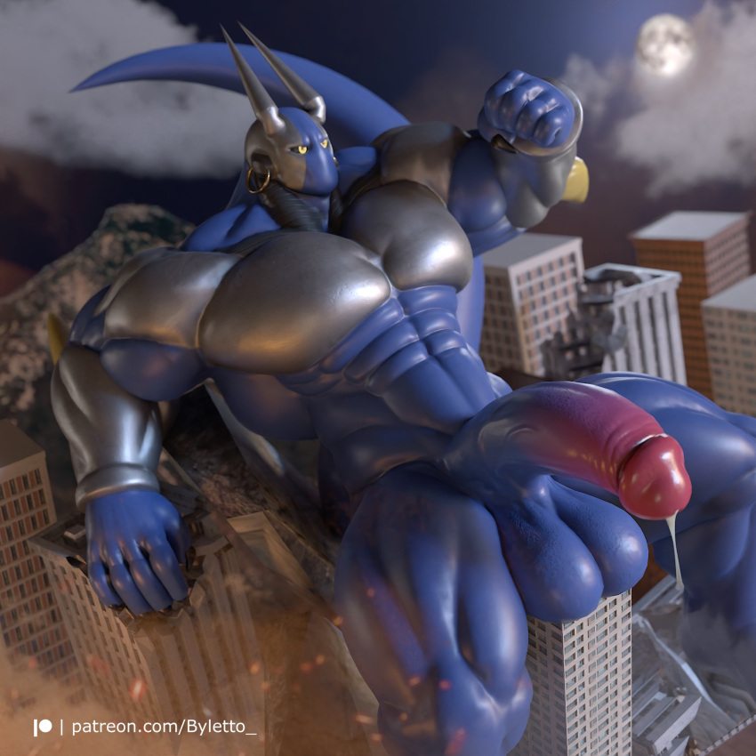 5_fingers abs balls biceps big_muscles big_penis blue_body blue_skin bodily_fluids byletto city cloud cum cum_strand destruction fingers finnter_(e-zoid) genital_fluids genitals hi_res horn huge_muscles huge_pecs huge_penis humanoid leaking_cum male moon mountain muscular muscular_humanoid muscular_male penis pink_penis quads silver_skin sitting solo vein veiny_penis yellow_eyes