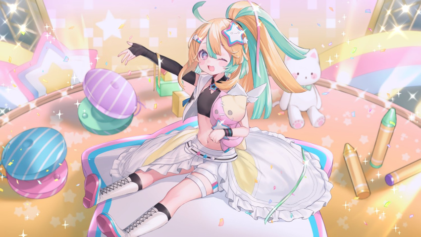 1girl ahoge amakawa_hano arm_up blonde_hair crop_top cross-laced_footwear elbow_gloves fingerless_gloves flat_chest gloves hair_between_eyes hair_ornament holding holding_toy jacket kneehighs light_green_hair long_hair looking_at_viewer multicolored_hair navel one_eye_closed open_clothes open_jacket open_mouth outstretched_arm pink_eyes ponytail re:act shorts single_elbow_glove sitting sleeveless sleeveless_jacket socks solo star_(symbol) star_hair_ornament stuffed_toy suzuho_hotaru thigh_strap toy two-tone_hair virtual_youtuber white_footwear white_shorts