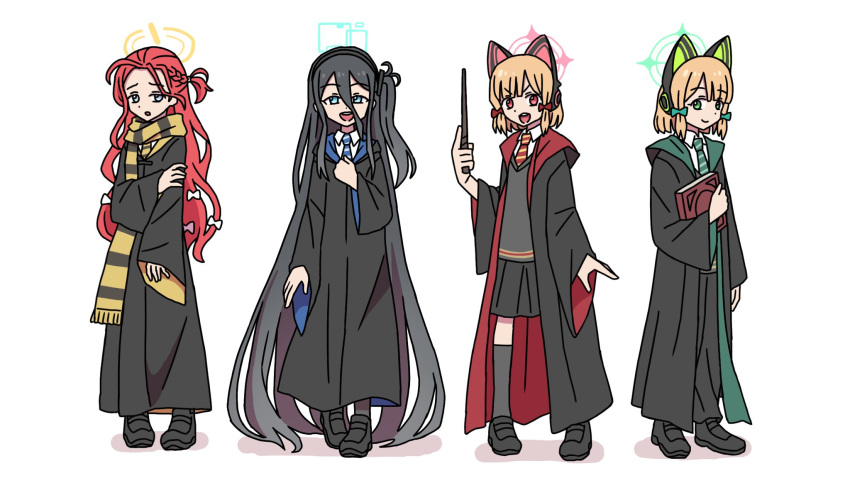 4girls animal_ear_headphones animal_ears aris_(blue_archive) black_hair blonde_hair blue_archive book cat_ear_headphones coat fake_animal_ears full_body halo harry_potter_(series) headphones highres holding holding_book midori_(blue_archive) momoi_(blue_archive) multiple_girls one_side_up red_hair scarf simple_background smile washin white_background yuzu_(blue_archive)