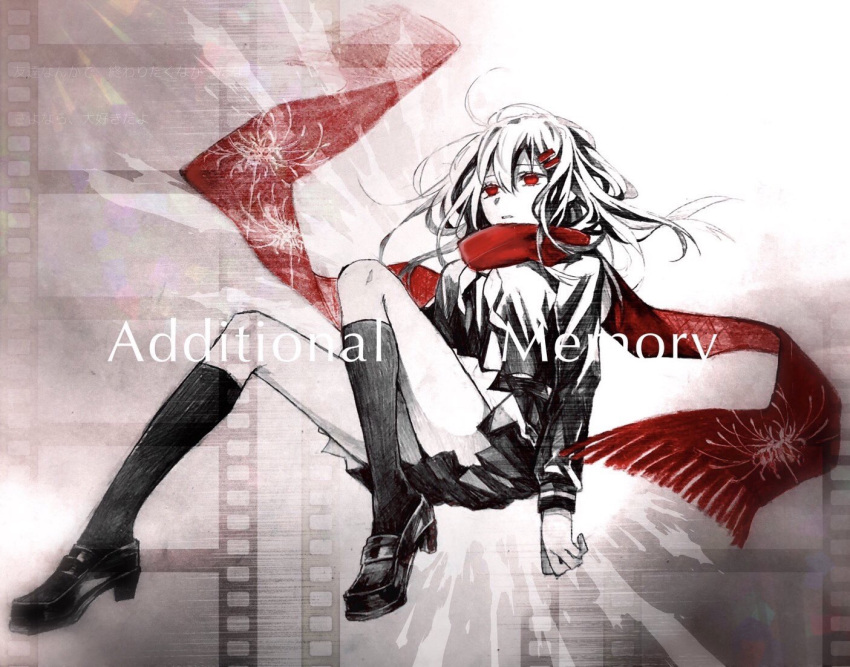 1girl additional_memory_(vocaloid) black_footwear black_hair black_serafuku black_skirt black_socks blurry commentary_request english_text enpera expressionless film_strip floral_print fringe_trim full_body hair_ornament hairclip kagerou_project legs limited_palette long_hair long_scarf long_sleeves looking_up lyrics mekakucity_actors neckerchief parted_lips print_scarf red_eyes red_scarf scarf school_uniform serafuku sitting skirt sleeve_cuffs socks solo song_name spider_lily_print tateyama_ayano white_background white_neckerchief xf_alice