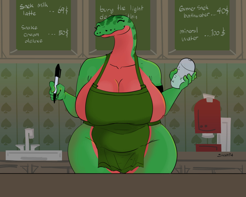 anthro apron apron_only barista big_breasts breasts clothing container cup female hi_res huge_breasts melon_(skwmt4) mostly_nude python reptile scalie skwmt4 snake solo thick_thighs wide_hips