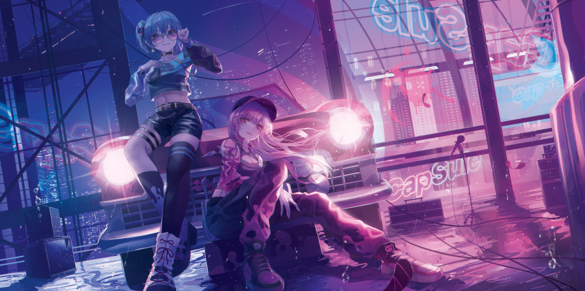 2girls absurdres baseball_cap blue_eyes blue_hair breasts cable car city earrings graffiti ground_vehicle hat headlight highres hololive hololive_english hoshimachi_suisei jewelry long_hair looking_at_viewer medium_breasts medium_hair microphone midriff mori_calliope motor_vehicle multiple_girls pants pink_eyes pink_hair shoes shorts side_ponytail sitting stereo sunglasses thighhighs turbulence virtual_youtuber