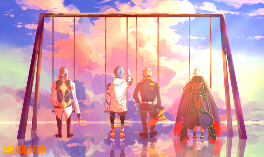 4boys absurdres axel_syrios back cloud cloudy_sky evening highres holostars holostars_english magni_dezmond multiple_boys noir_vesper radeath5 reflection regis_altare scenery sky swing