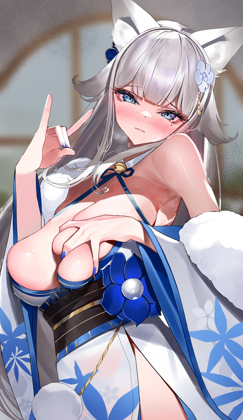 1girl absurdres animal_ear_fluff animal_ears bangs bare_shoulders bell blue_eyes blunt_bangs blush breast_hold breasts cleavage commission cowboy_shot floral_print flower fox_ears fox_girl fox_shadow_puppet fur_(clothing) grey_hair hair_flower hair_ornament halterneck highres huge_breasts indie_virtual_youtuber japanese_clothes jingle_bell kimono looking_at_viewer lumium mole mole_under_eye neck_bell sakae_izumi second-party_source sidelocks skeb_commission skindentation solo virtual_youtuber