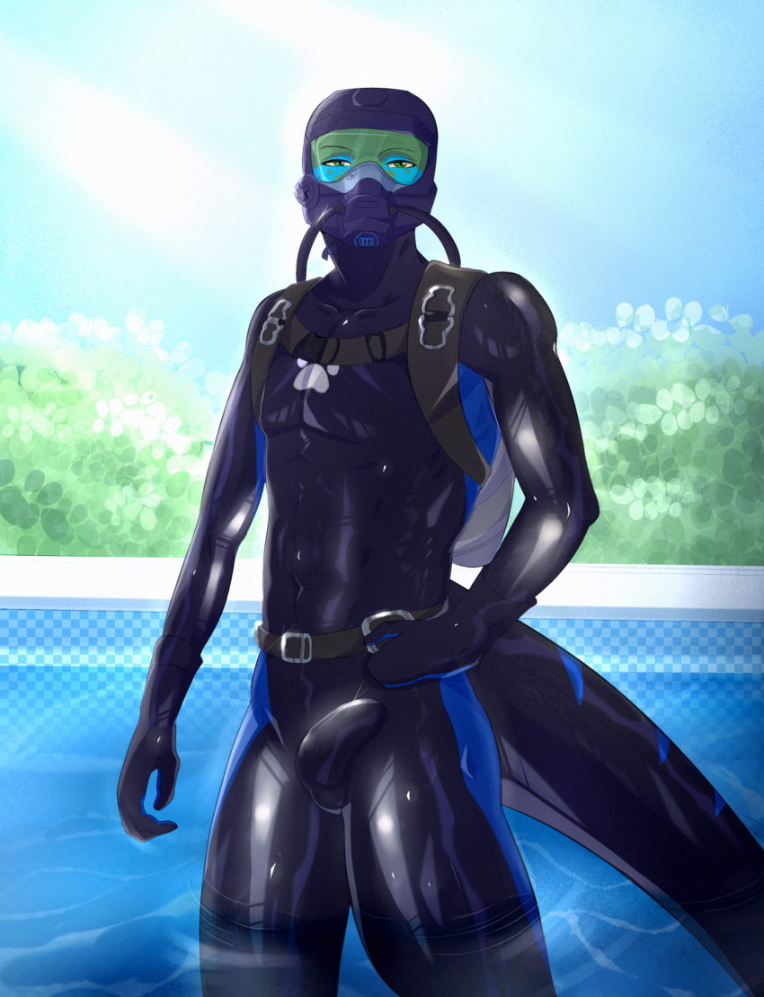 2023 air_hose air_tank anthro armor balls_outline black_rubber blue_body blue_rubber blue_scales buckle bulge clothing digital_media_(artwork) diving_helmet genital_outline gloves green_body green_eyes green_scales hand_on_hip handwear harness headgear helmet hi_res lazlo_(morgan3201) light lizard looking_at_viewer male mdskitty muscular neoprene outside partially_submerged partially_submerged_legs penis_outline plant reptile scales scalie scuba_diver sky solo standing sunlight swimming_pool tail water weight_belt wetsuit