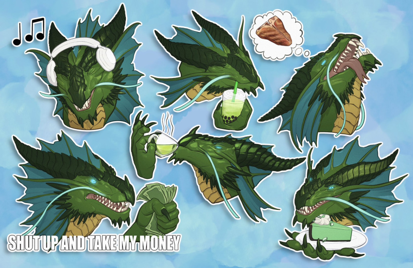 ambiguous_gender beverage blue_eyes blue_frill border bubble_tea cake cheek_frill cheek_spikes claws dessert dragon drinking eyes_closed facial_spikes fangs food forked_tongue frill_(anatomy) glowing glowing_eyes green_body green_claws green_horn head_crest head_frill headphones hi_res holding_money holding_object horn khyaber looking_at_viewer meat money mouth_closed narrowed_eyes nose_spike open_mouth red_tongue scales scalie simple_background solo spikes spikes_(anatomy) sticker teeth thought_bubble tongue tongue_out white_body white_border white_scales