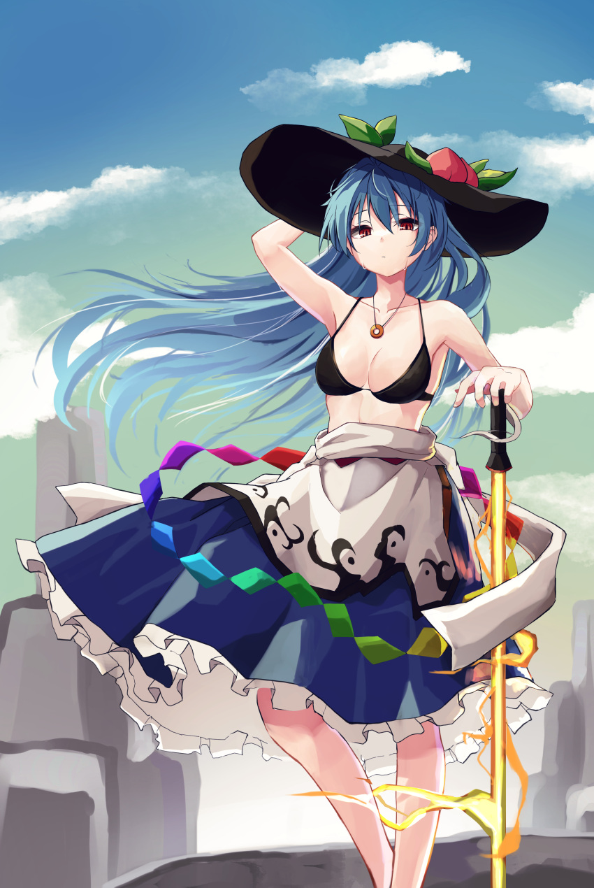 1girl absurdres apron arm_up bikini bikini_top_only black_bikini black_headwear blue_hair blue_skirt breasts cleavage cloud collarbone commentary_request day feet_out_of_frame floating_hair food frilled_skirt frills fruit hair_between_eyes hand_on_headwear hand_on_hilt hat highres hinanawi_tenshi hira-san jewelry leaf long_hair looking_at_viewer medium_breasts mountain necklace peach peach_hat_ornament red_eyes skirt sky solo sweat swimsuit sword_of_hisou touhou waist_apron white_apron