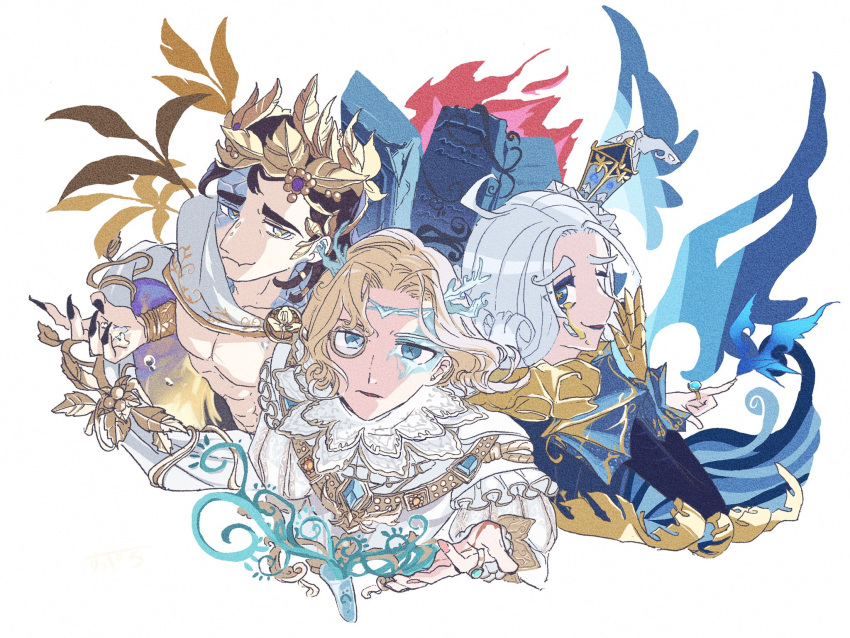 3boys abs ahoge antlers bangs black_nails black_shirt blonde_hair blue_butterfly blue_eyeshadow blue_gemstone blue_vest bracer brown_hair bug butterfly butterfly_on_hand cape circlet colored_tears commentary cropped_torso cross-shaped_pupils curly_hair eyeshadow fangs fingernails fire flower-shaped_pupils frost gauntlets gem gold_trim grape_vine hair_between_eyes hair_tubes hand_up hat highres holding_water identity_v jewelry laurel_crown leaf looking_at_viewer luchino_diruse luchino_diruse_(spring_heated_wine) makeup male_focus mini_hat monocle multiple_boys official_alternate_costume orpheus_(hollow)_(identity_v) orpheus_(identity_v) parted_bangs parted_lips perorinsr plant puffy_sleeves ring scales scarf sharp_fingernails shirt short_hair simple_background single_gauntlet single_tear skin_fangs sleeve_cuffs smile stone_tablet symbol-shaped_pupils test_tube topless_male upper_body vest vines weeping_clown_(identity_v) weeping_clown_(swallow_of_deception)_(identity_v) white_background white_cape white_hair white_shirt yellow_pupils yellow_scarf