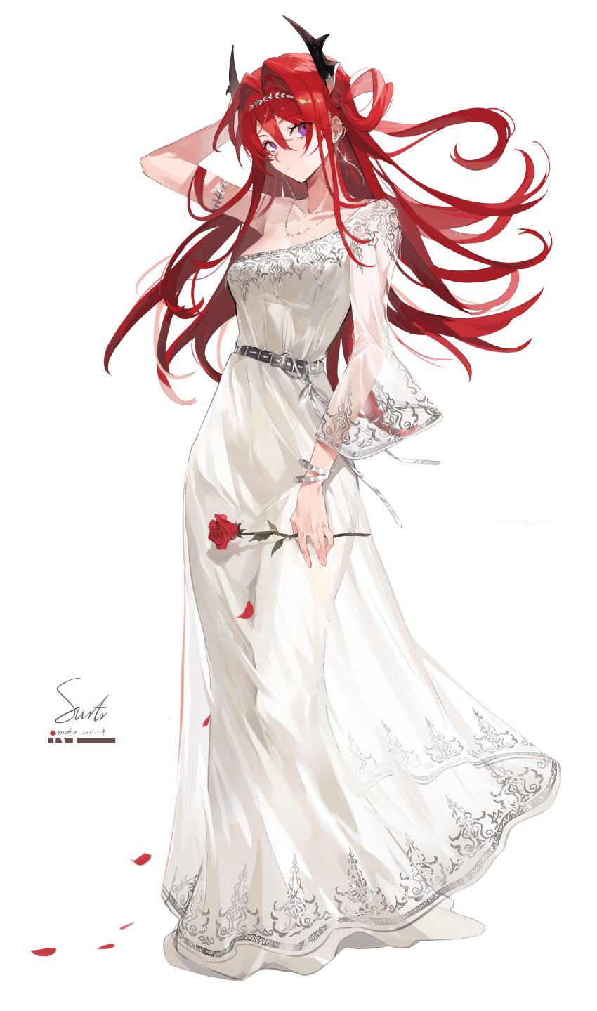 1girl absurdres arknights dress flower hair_ornament highres horns looking_at_viewer meng_ziya purple_eyes red_hair surtr_(arknights) white_background white_dress