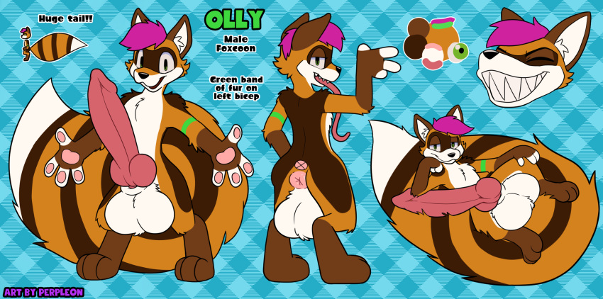 animal_genitalia animal_penis anthro anus balls big_balls big_penis big_tail canid canine canine_genitalia canine_penis english_text fox genitals hi_res huge_penis hybrid hyper hyper_genitalia hyper_penis long_tongue male mammal model_sheet olly_wylde_(ollythefoxcoon) pawpads penis perpleon procyonid puffy_anus raccoon sharp_teeth sheath smile solo tail teeth text tongue wide_smile