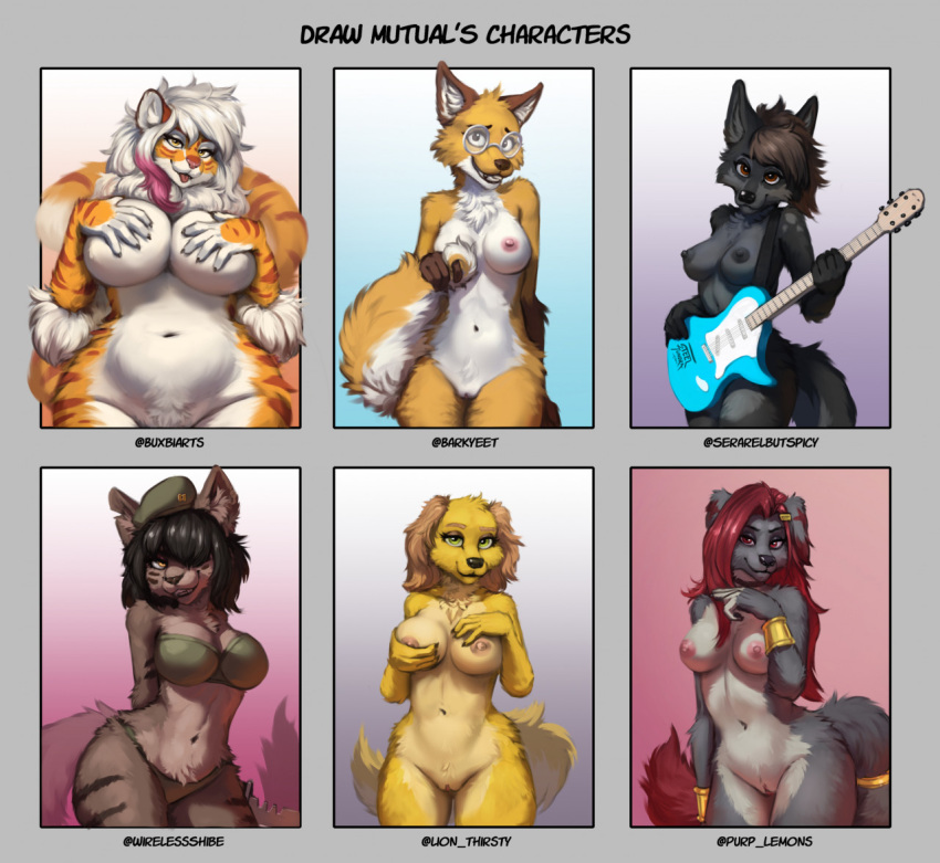 2022 5_fingers accessory anthro areola azalea_(wireless_shiba) belly beret big_breasts biped black_areola black_hair black_nipples black_nose bra breasts brown_body brown_ears brown_fur brown_hair buxbi_(character) canid canine canis chest_tuft chubby_anthro chubby_female clitoris clothed clothing combat_knife countershade_face countershade_fur countershade_torso countershading covering covering_breasts dakota_(serarel) digital_media_(artwork) domestic_dog electric_guitar eyewear eyewear_only felid female fingers floppy_ears fluffy fluffy_chest fluffy_hair fluffy_tail fox foxovh fur genitals glasses glasses_only gradient_background green_bra green_clothing green_eyes green_panties green_underwear grey_body grey_fur grin guitar hair hair_accessory hair_over_eye half-length_portrait hand_behind_back hand_on_breast hand_on_chest hands_behind_back hands_on_own_breasts hat headgear headwear holding_breast holding_knife holding_object holding_tail inner_ear_fluff jenny_(purplelemons) knife legs_together long_hair looking_at_viewer mammal markings medium_breasts multicolored_body multicolored_fur multiple_images musical_instrument narrowed_eyes navel neck_tuft nipples notched_ear nude one_eye_obstructed orange_body orange_fur pantherine panties pink_areola pink_nipples pink_tongue pinup plucked_string_instrument portrait pose pubes pussy red_eyes red_hair rey_(animatedmau) shaded sharp_teeth simple_background slightly_chubby smile solo standing steel_tundra string_instrument striped_body striped_fur stripes tail tan_body tan_fur teeth text three-quarter_portrait tiger tongue tongue_out toothy_grin tuft two_tone_body two_tone_fur underwear weapon white_body white_countershading white_fur wide_hips wolf yellow_body yellow_eyes yellow_fur