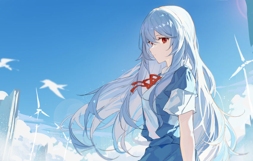 1girl ayanami_rei bangs blue_background blue_hair blue_skirt blue_sky closed_mouth cloud cloudy_sky evangelion:_3.0+1.0_thrice_upon_a_time expressionless highres long_hair looking_at_viewer neon_genesis_evangelion outdoors rebuild_of_evangelion red_eyes red_ribbon ribbon school_uniform shirt short_sleeves skirt sky solo upper_body white_shirt yajuu