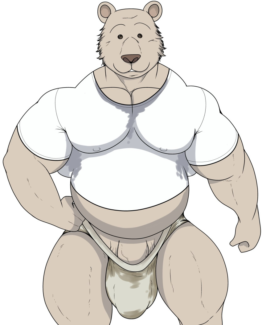 2023 anthro beady_eyes bear beastars big_biceps big_bulge brown_bear brown_nose bulge closed_smile clothing front_view fur genital_outline genitals hand_on_hip hi_res looking_at_viewer male mammal mouth_closed musclegut pantsless pantsless_anthro pantsless_male penis penis_base penis_outline riz_(beastars) ryanmakana shirt simple_background solo tan_body tan_fur thick_thighs thong topwear underwear ursine white_background white_clothing white_shirt white_topwear