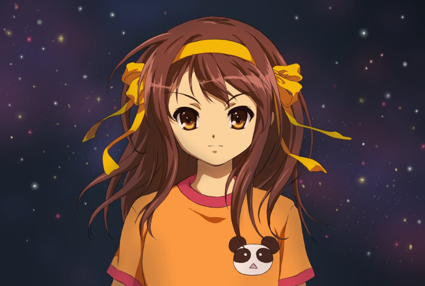 1girl aged_down animal_print ayuyu0821 bangs bear_print brown_eyes brown_hair closed_mouth hair_ribbon hairband long_hair looking_at_viewer orange_shirt panda_print ribbon second-party_source shirt short_sleeves solo suzumiya_haruhi suzumiya_haruhi_(young) suzumiya_haruhi_no_yuuutsu upper_body yellow_hairband yellow_ribbon