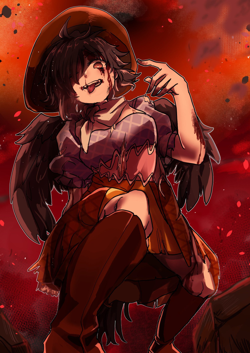1girl apapo bangs black_hair black_wings blood blood_on_arm blood_on_face boots breasts brown_dress brown_footwear brown_hair brown_headwear commentary_request cowboy_hat dress feathered_wings frilled_sleeves frills full_body hair_between_eyes hair_over_one_eye hat highres kurokoma_saki looking_at_viewer medium_breasts medium_hair multicolored_clothes multicolored_dress open_mouth patchwork_clothes purple_dress short_sleeves smile solo teeth tongue tongue_out touhou wings