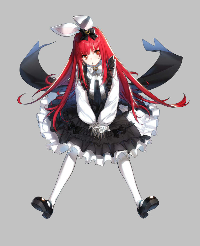 1girl absurdres animal_ears apron bangs black_apron black_bow black_footwear blunt_bangs bow bowtie candy closers dress fake_animal_ears food food_in_mouth frilled_apron frilled_dress frills full_body gloves grey_gloves hair_bow hands_on_floor highres lollipop long_hair long_sleeves looking_to_the_side mary_janes medium_dress mouth_hold official_art on_floor pantyhose puffy_long_sleeves puffy_sleeves rabbit_ears red_eyes red_hair seth_(closers) shoes sitting solo tachi-e very_long_hair white_bow white_bowtie white_dress white_pantyhose