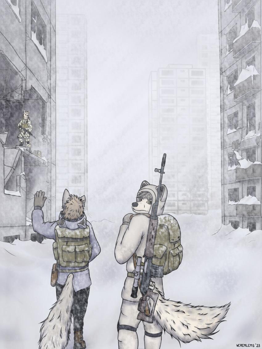 absurd_res anthro arctic_wolf blizzard_(weather) canid canine canis city city_background clothed clothing cold destroyed_building gun hi_res looking_at_viewer looking_back mammal post-apocalyptic ranged_weapon rifle sniper_rifle snow weapon weremlems wolf