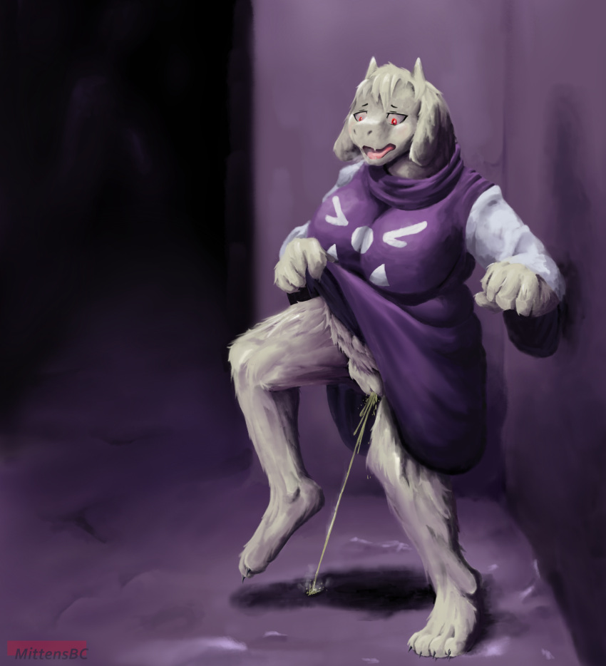 absurd_res anthro bodily_fluids boss_monster bovid breasts caprine claws clothed clothing clothing_lift detailed detailed_fur digital_media_(artwork) digital_painting_(artwork) dress dress_lift fangs female fur genital_fluids genitals hi_res horn mammal mittensbc no_underwear open_mouth peeing pussy raised_clothing raised_leg red_eyes shaded simple_shading solo teeth toriel undertale undertale_(series) urine watersports white_body white_fur