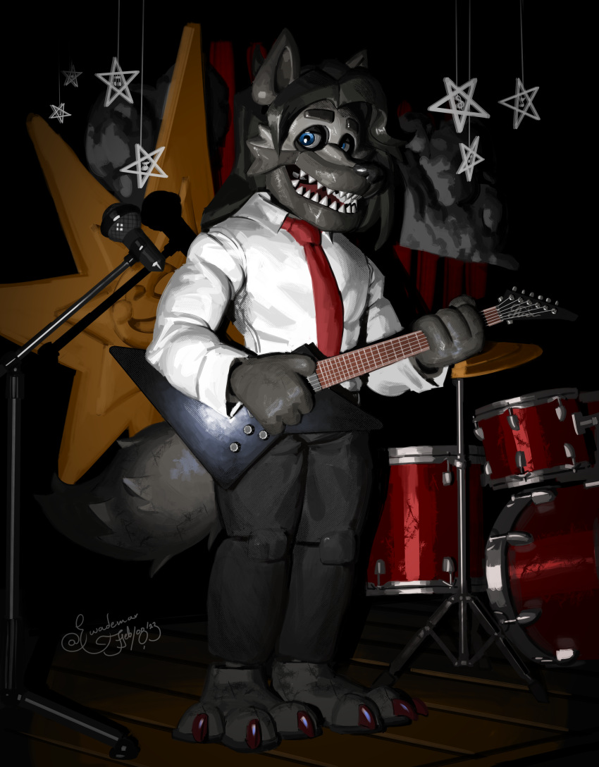 absurd_res animatronic anthro canid canine canis cloud drum ewademar five_nights_at_freddy's guitar hi_res machine male mammal musical_instrument musical_note percussion_instrument plucked_string_instrument robot scottgames star string_instrument wolf