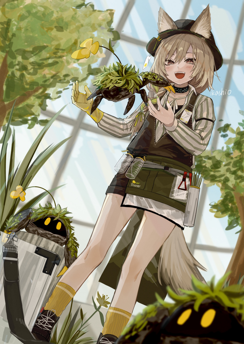 1girl :d absurdres animal_ears arknights beanstalk_(arknights) black_shorts blush bottle braid brown_eyes brown_shorts choker crab day flower gloves green_hair green_nails hat highres indoors k-yosinori light_brown_hair multicolored_hair shoes shorts single_glove smile sneakers socks solo spray_bottle standing streaked_hair striped_sleeves tree window yellow_eyes yellow_gloves yellow_socks