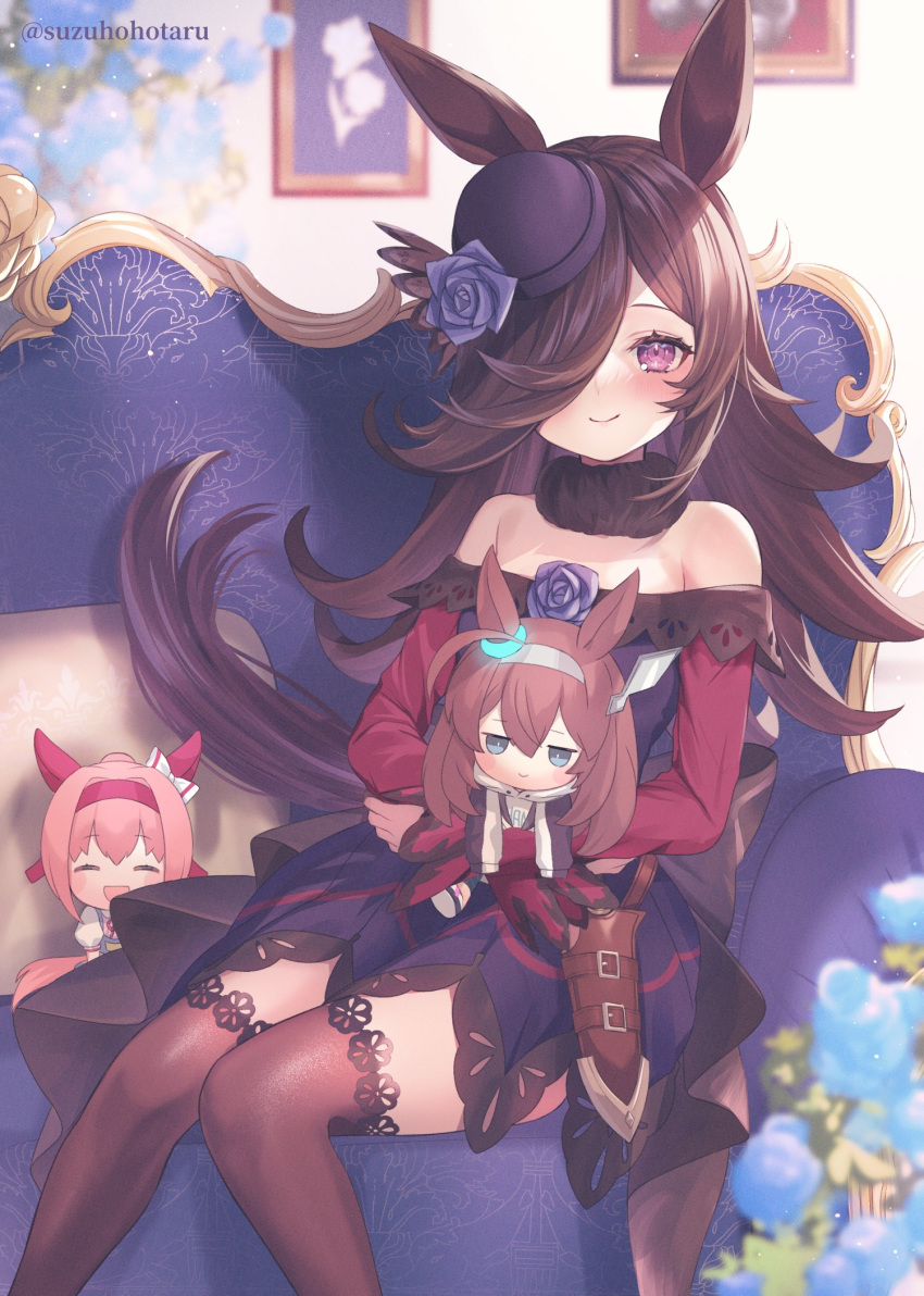 1girl animal_ears brown_hair brown_thighhighs character_doll closed_mouth couch doll dress feet_out_of_frame hair_over_one_eye haru_urara_(umamusume) hat highres holding holding_doll horse_ears horse_girl light_blush long_hair long_sleeves looking_at_viewer mihono_bourbon_(umamusume) mini_hat off-shoulder_dress off_shoulder on_chair one_eye_covered purple_eyes rice_shower_(umamusume) sitting solo suzuho_hotaru thighhighs twitter_username umamusume