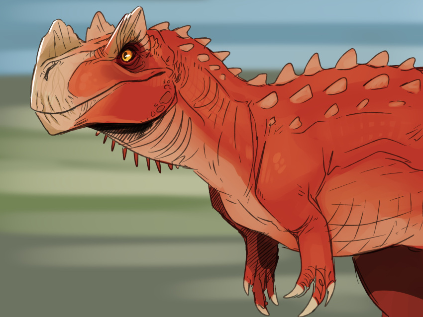 4:3 absurd_res ambiguous_gender back_spikes dinosaur feral glistening glistening_eyes hi_res imperatorcaesar mouth_closed neck_spikes no_sclera orange_eyes red_body reptile scalie side_view simple_background solo spikes spikes_(anatomy)