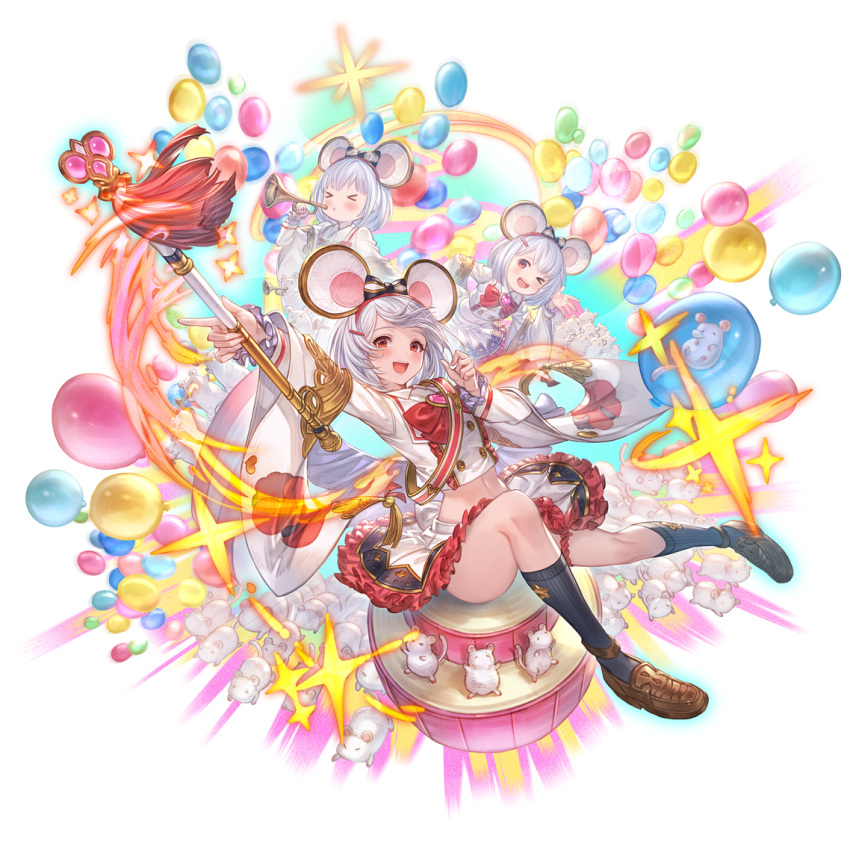 &gt;_&lt; 1girl animal_ears arm_up balloon bangs blue_socks brown_footwear clone cropped_shirt fake_animal_ears granblue_fantasy hand_up holding holding_instrument holding_staff instrument knee_up kneehighs loafers long_sleeves looking_at_viewer minaba_hideo mouse mouse_ears official_art open_mouth outstretched_arm red_eyes shoes short_hair sitting skirt socks staff stomach teeth upper_teeth_only vikala_(granblue_fantasy) white_hair