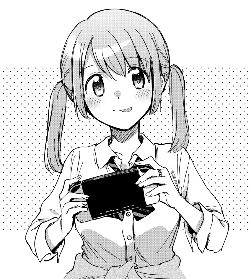 1girl :p bangs bow bowtie buttons closed_mouth clothes_around_waist diagonal-striped_bowtie fuji_fujino greyscale handheld_game_console highres holding holding_handheld_game_console janomiya_school_uniform jewelry kasane_ao looking_at_viewer loose_bowtie low_twintails magia_record:_mahou_shoujo_madoka_magica_gaiden mahou_shoujo_madoka_magica medium_hair monochrome nintendo_switch open_collar ring school_uniform sidelocks sleeve_cuffs sleeves_past_elbows smile solo swept_bangs tongue tongue_out twintails upper_body