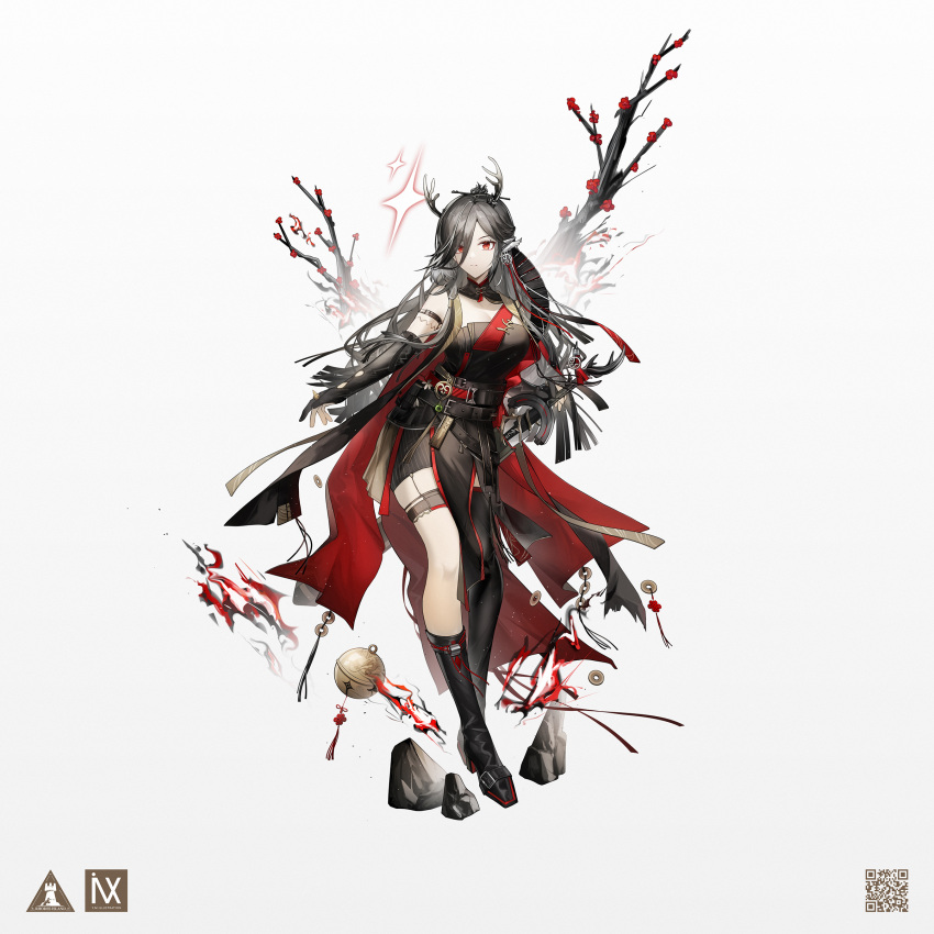 1girl absurdres animal_ears arknights asymmetrical_footwear bell belt belt_buckle black_dress black_footwear black_gloves black_hair boots branch breasts buckle cleavage closed_mouth coin deer_antlers deer_ears deer_girl dress earrings elbow_gloves gloves highres holed_coin jewelry knee_boots large_breasts looking_at_viewer partially_fingerless_gloves qiu_bai_(arknights) red_eyes sheath sheathed simple_background single_knee_boot single_thigh_boot single_thighhigh solo sparkle sword thigh_boots thighhighs weapon white_background yuuki_mix