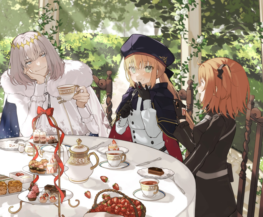 1boy 2girls ahoge artoria_caster_(fate) artoria_caster_(second_ascension)_(fate) artoria_pendragon_(fate) bangs basket belt beret black_bow black_gloves black_jacket blonde_hair blue_belt blue_bow blue_cloak blue_headwear blush bow breasts bush buttons cake chair cloak closed_mouth collar collared_shirt crown crumbs cup day eating fate/grand_order fate_(series) flower food fork fruit fujimaru_ritsuka_(female) fur_trim gloves gold gold_trim grass green_eyes green_theme grey_belt grey_hair hair_between_eyes hair_bow hat highres holding holding_cup jacket knife light long_hair long_sleeves multiple_girls oberon_(fate) open_mouth orange_eyes orange_hair ornament red_bow red_ribbon rhombus ribbon road robe romo827 saucer scrunchie shirt short_hair signature sitting skirt small_breasts smile strawberry street sunlight table tablecloth tea tree white_flower white_fur white_robe white_shirt white_skirt
