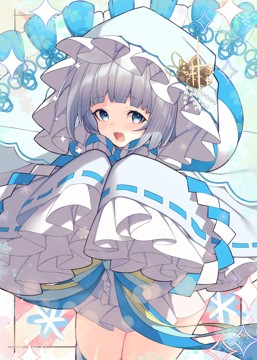 1girl absurdres blue_bow blue_eyes blue_hair blush bow flower_knight_girl frilled_sleeves frills hair_ornament hatsuyukisou_(flower_knight_girl) headgear highres hood hoodie japanese_clothes kimono light_blue_hair long_sleeves looking_at_viewer miko nontraditional_miko open_mouth ribbon-trimmed_sleeves ribbon_trim skirt smile snowflake_print solo thighhighs waist_bow white_hair white_kimono wide_sleeves yononaka