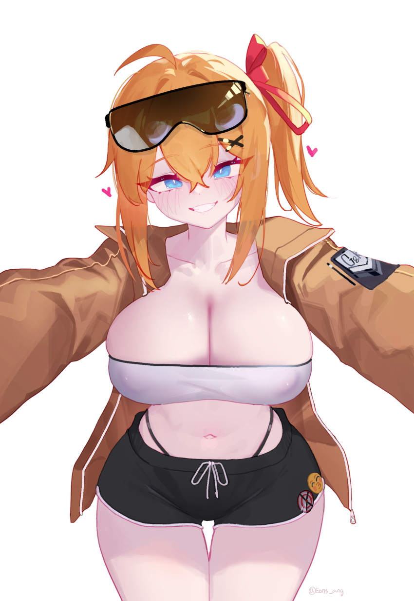 1girl absurdres ahoge blue_eyes bow breasts covered_nipples cowboy_shot crop_top dolphin_shorts eonsang eyewear_on_head girls'_frontline griffin_&amp;_kryuger_military_uniform hair_bow hair_ornament hairclip heart highleg highleg_panties highres jacket kalina_(girls'_frontline) large_breasts looking_at_viewer open_clothes open_jacket orange_hair outstretched_arms panties pov short_shorts shorts side_ponytail smile standing sunglasses tinted_eyewear underwear white_background
