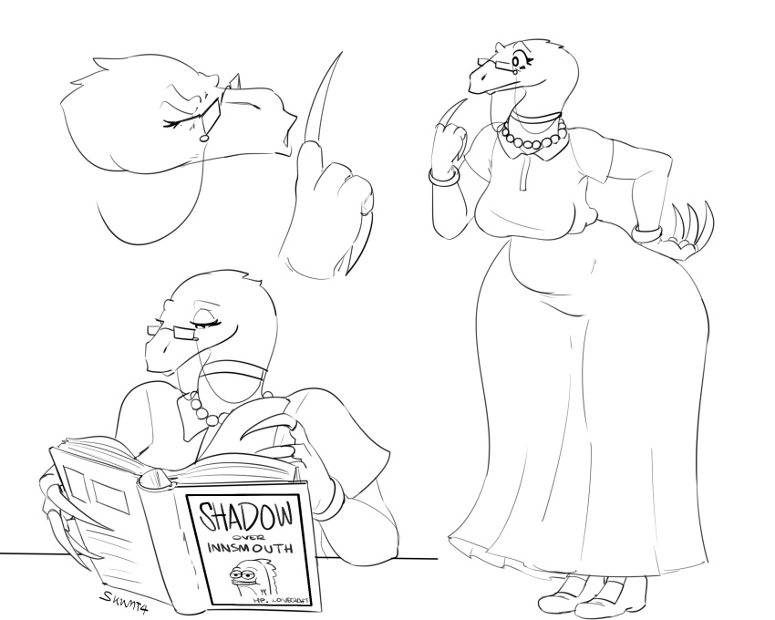 anthro dinosaur eyewear female glasses hi_res librarian mature_female reading reptile scalie shush skwmt4 solo therizinosaurid therizinosaurus theropod