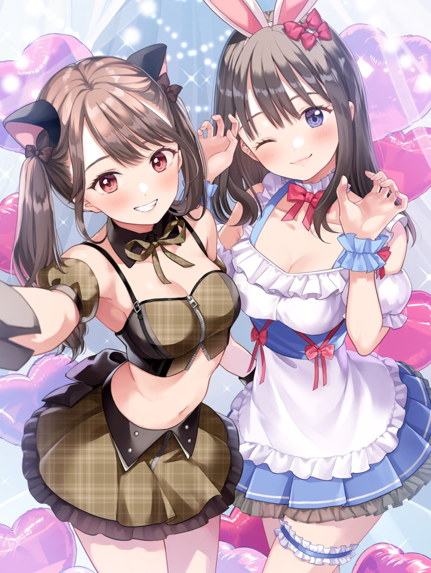 2girls animal_ears apron armpits bare_shoulders blue_dress breasts bridal_garter brown_hair brown_shirt brown_skirt cat_ears claw_pose cleavage crop_top detached_collar detached_sleeves dress fake_animal_ears frilled_dress frills full-length_zipper grin hairband highres long_hair looking_at_viewer matsuzaki_miyuki medium_breasts midriff miniskirt multiple_girls navel neck_ribbon one_eye_closed original outstretched_arm partially_unzipped plaid plaid_shirt pleated_skirt rabbit_ears red_eyes ribbon shirt skirt sleeveless sleeveless_shirt smile spaghetti_strap stomach thighs twintails unmoving_pattern waist_apron zipper