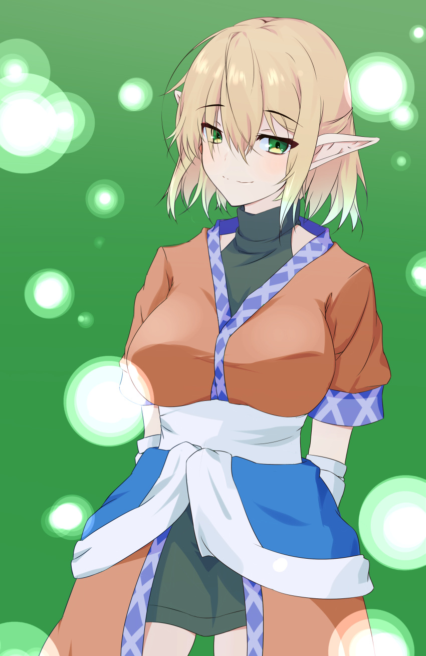 1girl absurdres arm_warmers arms_behind_back bangs black_skirt black_sports_bra blonde_hair blush breasts brown_shirt closed_mouth commentary_request cowboy_shot green_background green_eyes hair_between_eyes highres large_breasts looking_at_viewer mizuhashi_parsee modo_paru pointy_ears sash shirt short_hair short_sleeves skirt smile solo sports_bra touhou turtleneck white_sash