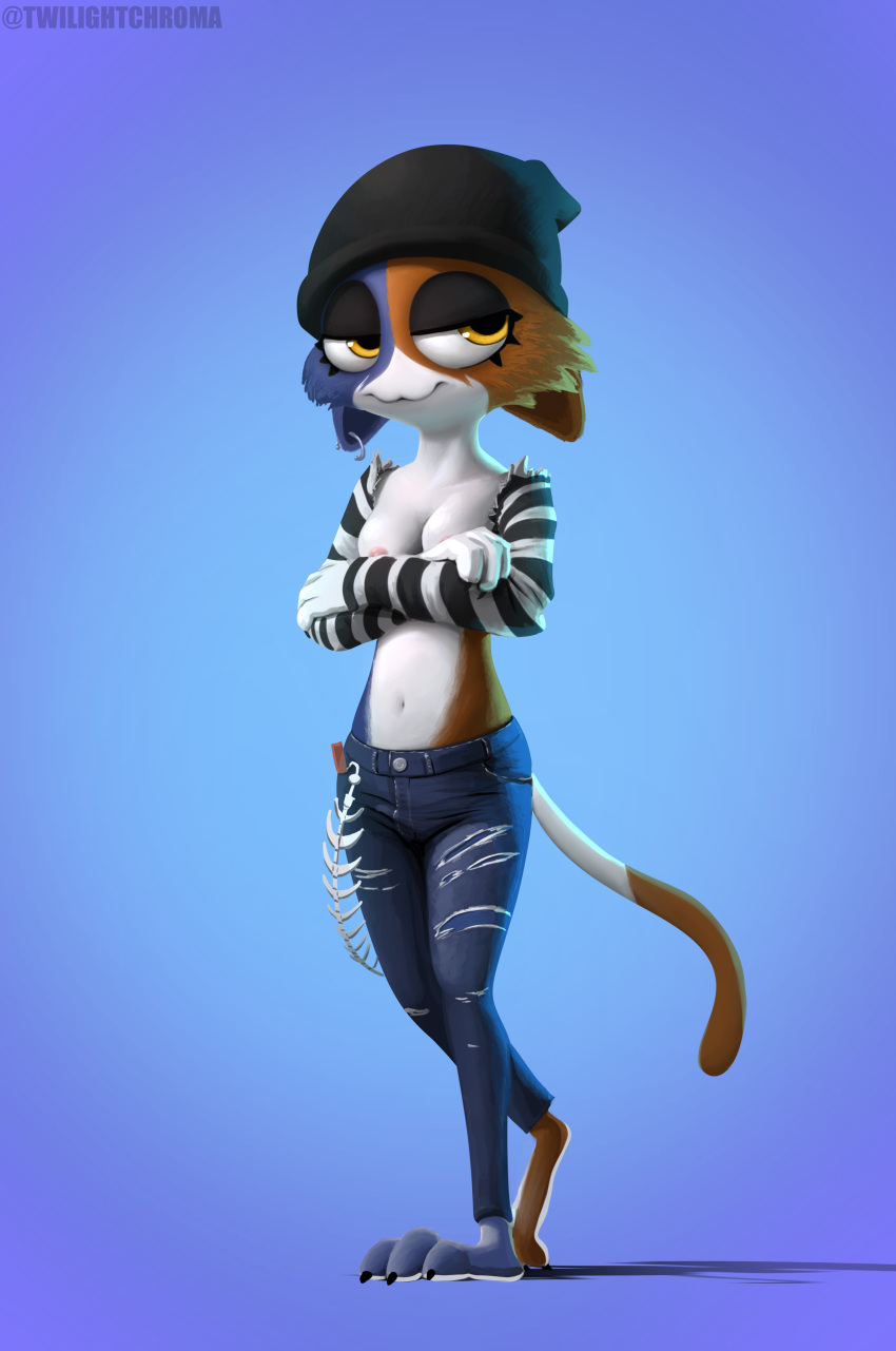 absurd_res anthro breasts clothing digital_media_(artwork) epic_games felid feline female fortnite fur headgear headwear hi_res mammal meow_skulls_(fortnite) nipples piercing simple_background smile solo twilightchroma