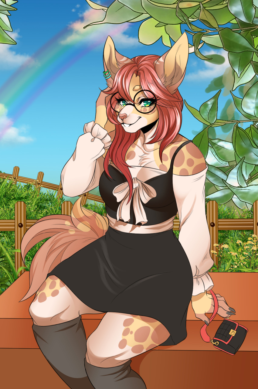 anthro biped black_clothing black_dress black_eyewear black_glasses breasts brown_body brown_fur clothed clothing clothing_bow cloud digital_media_(artwork) dress ear_piercing ear_ring eyewear female fence fur glasses green_eyes grey_knee_highs hi_res knee_highs leaf legwear looking_at_viewer mammal markings outside piercing pink_nose plant purse rainbow ring_piercing round_glasses shaded sky solo spots spotted_markings tan_body tan_fur teeth white_body white_fur wolfbane154