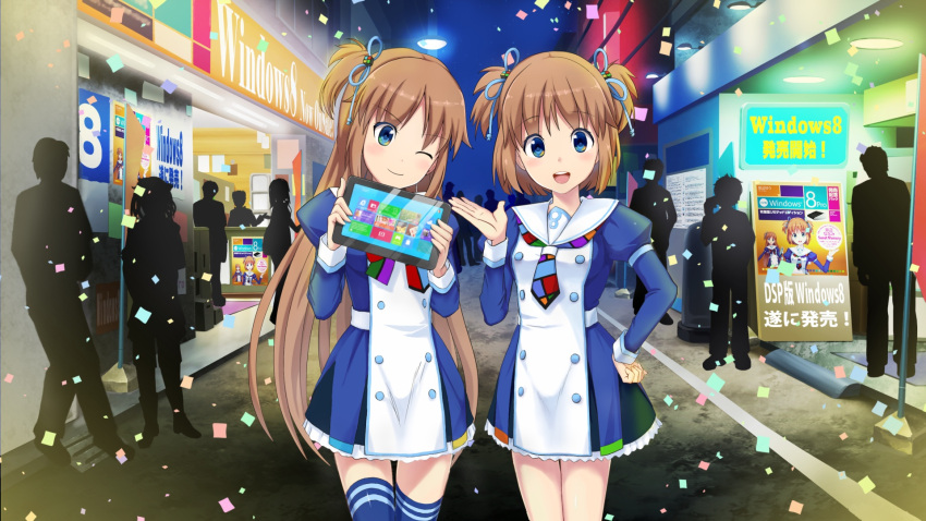 2girls :d ;) blue_eyes blue_thighhighs blush breasts brown_hair closed_mouth dress hair_ornament hair_ribbon highres holding long_hair looking_at_viewer madobe_ai madobe_yuu microsoft_windows multiple_girls neckerchief night one_eye_closed open_mouth os-tan people personification ribbon road short_hair siblings side_ponytail sisters small_breasts smile storefront street tablet_pc thighhighs windows_8