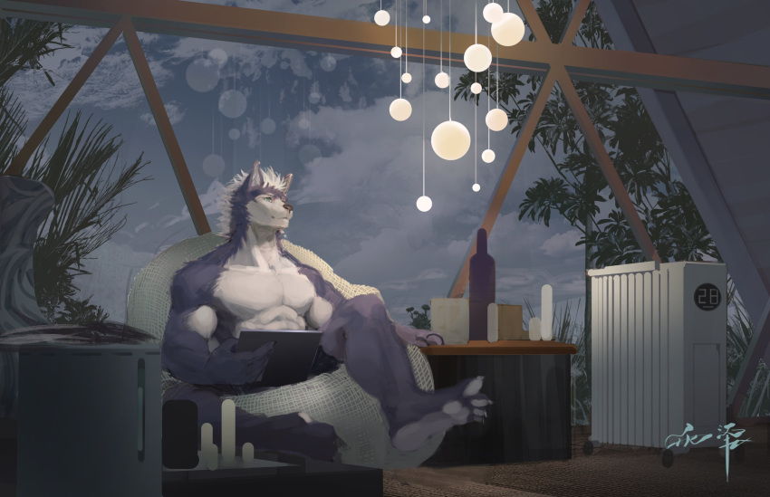 abs absurd_res anthro black_nose blue_eyes canid front_view full-length_portrait fur hair hi_res holding_object inside lamp male mammal mouth_closed muscular muscular_anthro muscular_male pecs portrait purple_body purple_fur short_hair signature sitting solo t.y.stars white_body white_fur white_hair