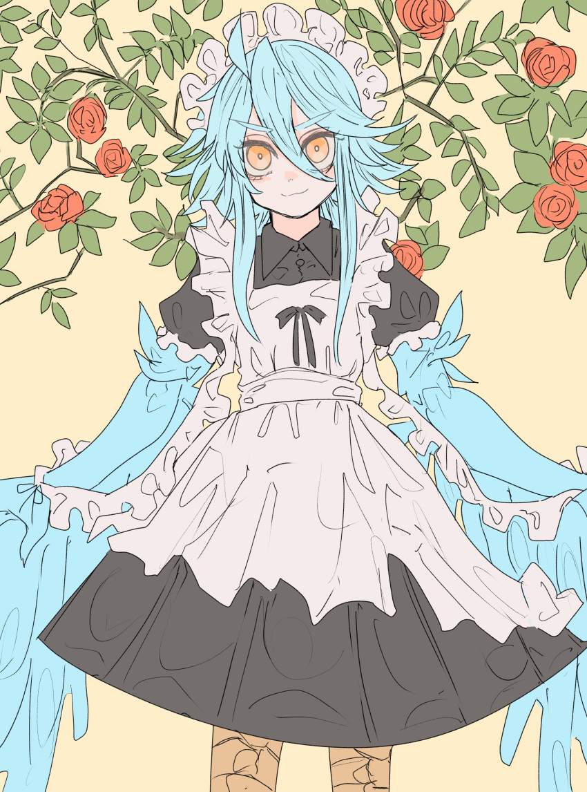 1girl absurdres ahoge alternate_costume bangs bird_legs blue_hair blue_wings commentary_request enmaided feathered_wings feathers flower hair_between_eyes harpy highres long_hair looking_at_viewer maid maid_headdress messy_hair monster_girl monster_musume_no_iru_nichijou nebula_flabby papi_(monster_musume) red_flower red_rose rose sidelocks smile solo winged_arms wings yellow_background yellow_eyes