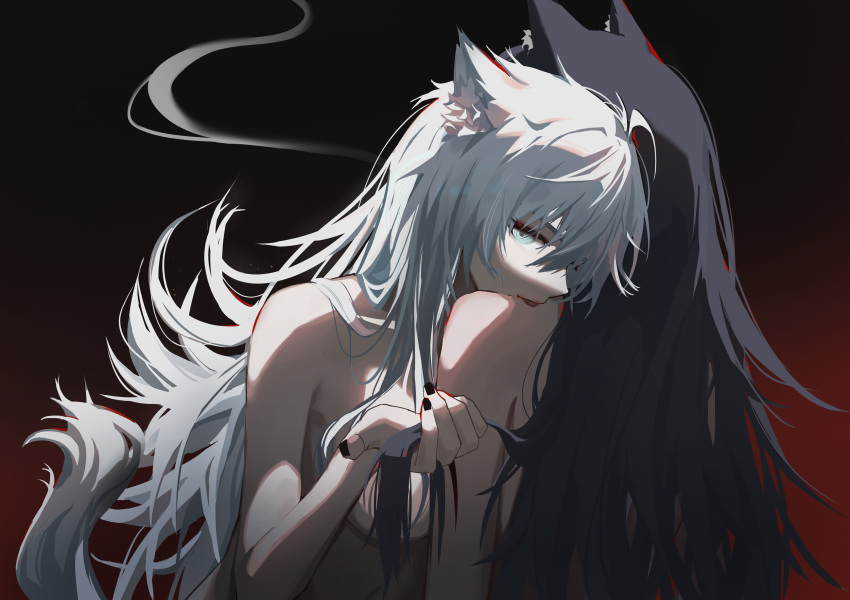 2girls absurdres animal_ear_fluff animal_ears arknights black_nails blonde_hair completely_nude dark_background grey_eyes grey_hair hair_ornament hairclip highres lappland_(arknights) licking licking_shoulder long_hair messy_hair multiple_girls nail_polish nude originium_arts_(arknights) senkane tail texas_(arknights) tongue tongue_out upper_body wolf_ears wolf_girl wolf_tail yuri