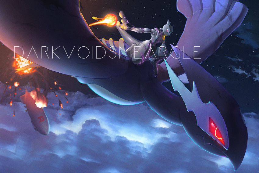 above_clouds aircraft closed_mouth cloud commentary_request darkvoiddoble dirigible explosion flying glowing glowing_eyes logo lugia night one_knee outdoors outstretched_arm pink_eyes pokemon riding riding_pokemon shadow_lugia shadow_mewtwo sky star_(sky) team_rocket