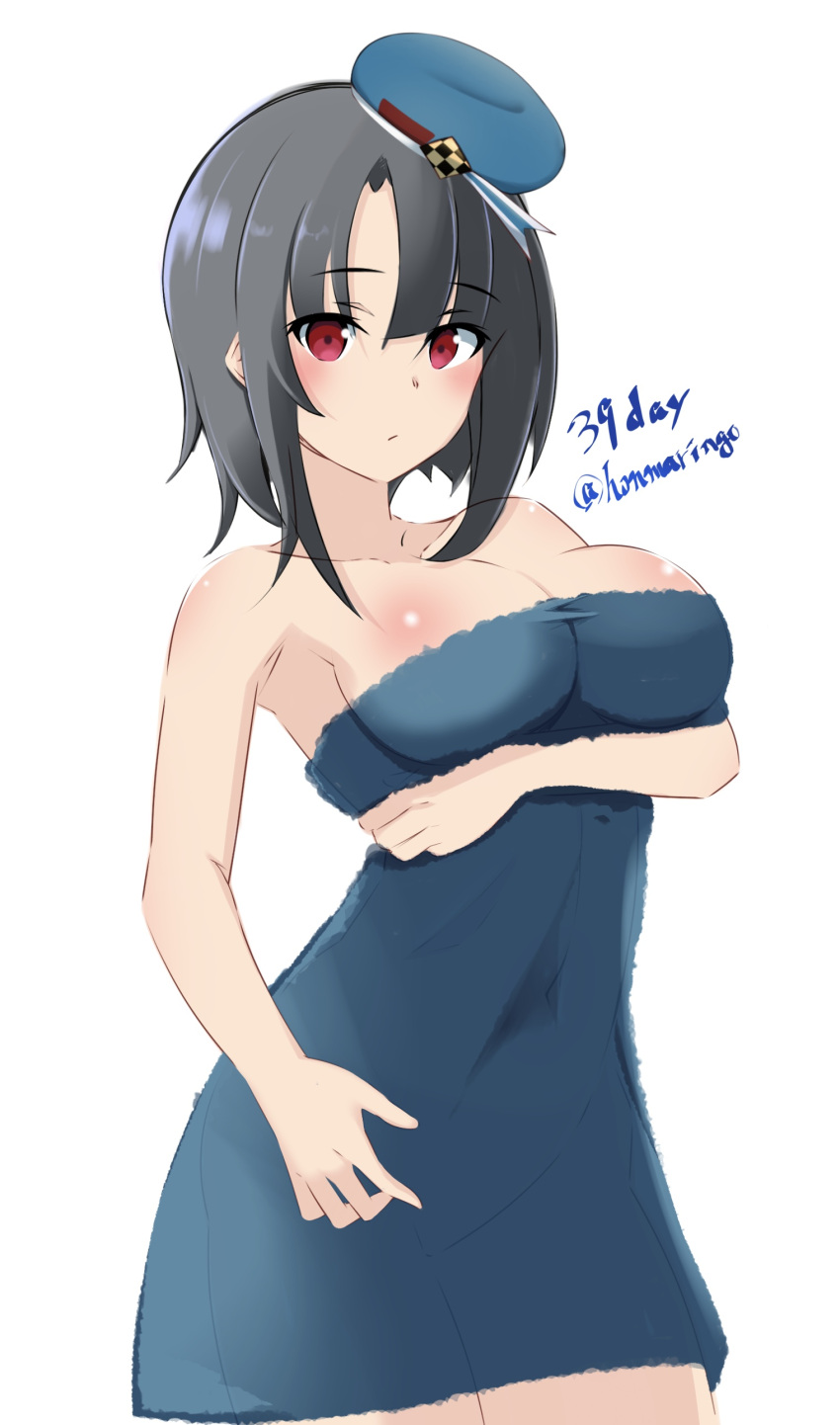 1girl absurdres beret black_hair blue_headwear breasts cleavage commentary_request hat highres honma_(honmatomohiro) kantai_collection large_breasts naked_towel one-hour_drawing_challenge red_eyes short_hair simple_background solo standing takao_(kancolle) towel twitter_username white_background