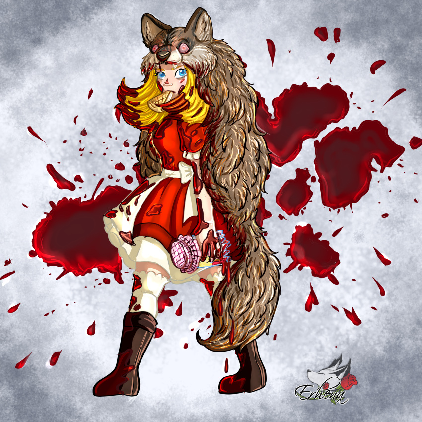 absurd_res animal_skin blood bodily_fluids canid canine canis childhood creepy death fairy_tales female gore hi_res human little_red_riding_hood little_red_riding_hood_(copyright) mammal solo wolf