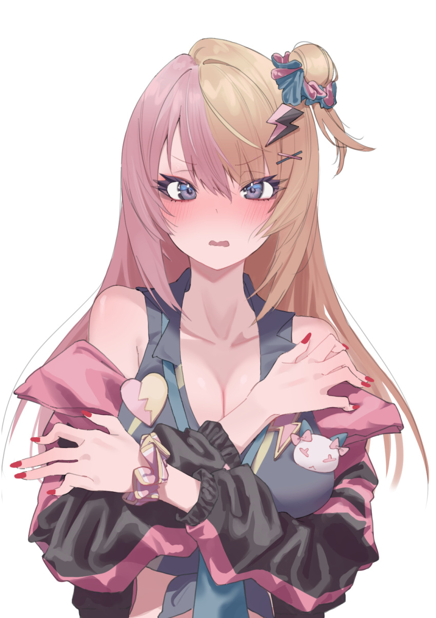 1girl arisaki_(cnxy7525) black_jacket blonde_hair blue_eyes blue_necktie blush breasts cleavage crossed_arms gyaru hair_bun hair_ornament hair_scrunchie heart_pin highres jacket kotoka_torahime large_breasts lightning_bolt_hair_ornament lightning_bolt_symbol long_hair long_sleeves looking_at_viewer multicolored_clothes multicolored_hair multicolored_jacket nail_polish necktie nijisanji nijisanji_en open_mouth pink_hair scrunchie shirt solo split-color_hair virtual_youtuber wrist_scrunchie x_hair_ornament